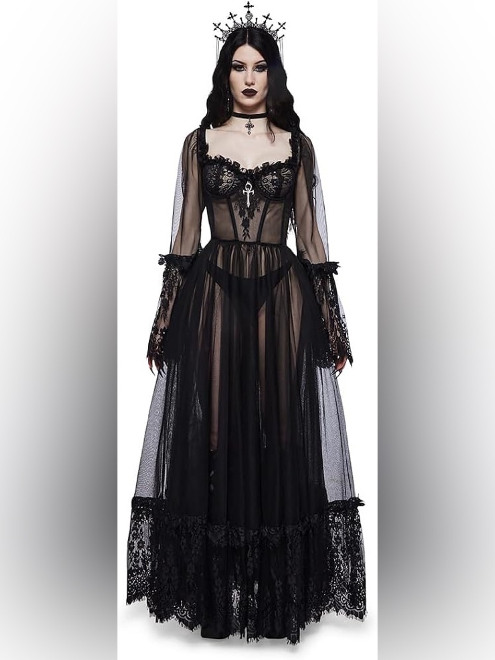 Dolls Kill Dance With Death Black Lace & Tulle Maxi Dress